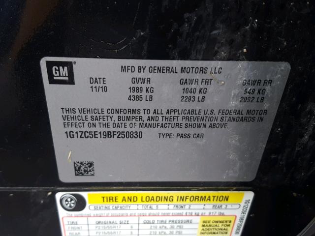 1G1ZC5E19BF250830 - 2011 CHEVROLET MALIBU 1LT BLACK photo 10