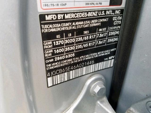 4JGCB65E46A021446 - 2006 MERCEDES-BENZ R 350 SILVER photo 10