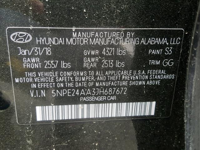 5NPE24AA3JH687672 - 2018 HYUNDAI SONATA ECO BLACK photo 10