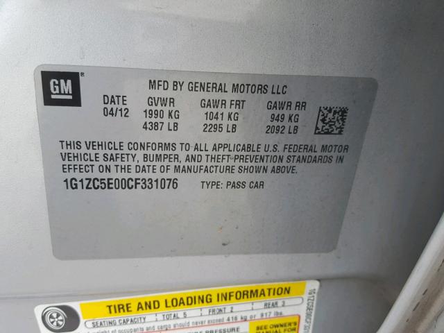 1G1ZC5E00CF331076 - 2012 CHEVROLET MALIBU 1LT SILVER photo 10