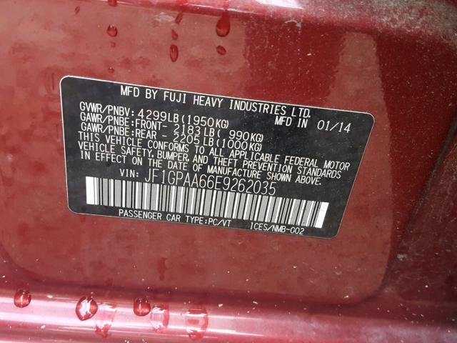 JF1GPAA66E9262035 - 2014 SUBARU IMPREZA BA RED photo 10