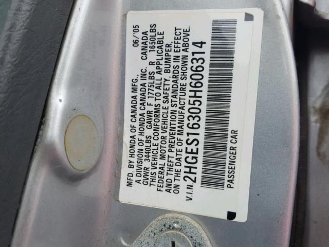 2HGES16305H606314 - 2005 HONDA CIVIC DX V SILVER photo 10