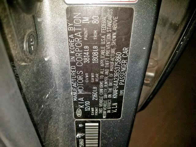 KNAFU4A23B5375860 - 2011 KIA FORTE EX GRAY photo 10