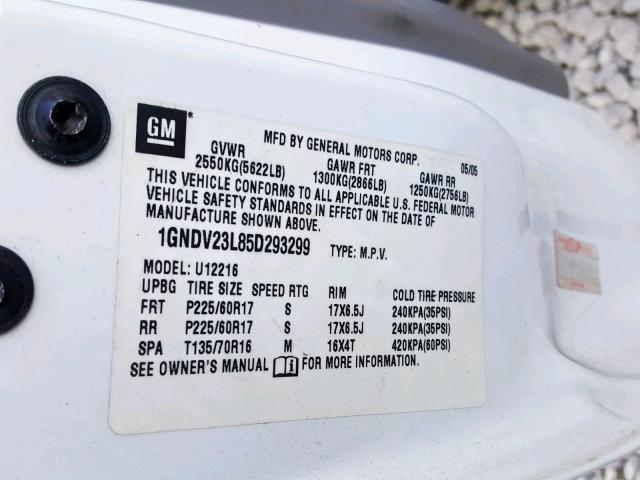 1GNDV23L85D293299 - 2005 CHEVROLET UPLANDER L WHITE photo 10