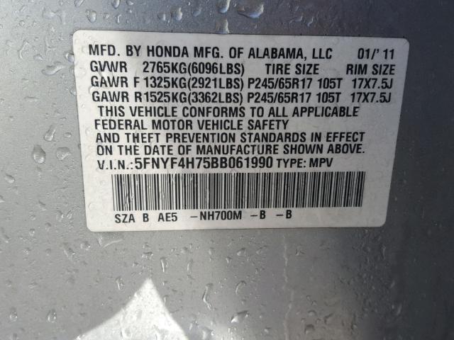 5FNYF4H75BB061990 - 2011 HONDA PILOT EXLN SILVER photo 10