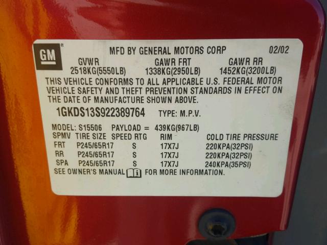 1GKDS13S922389764 - 2002 GMC ENVOY RED photo 10