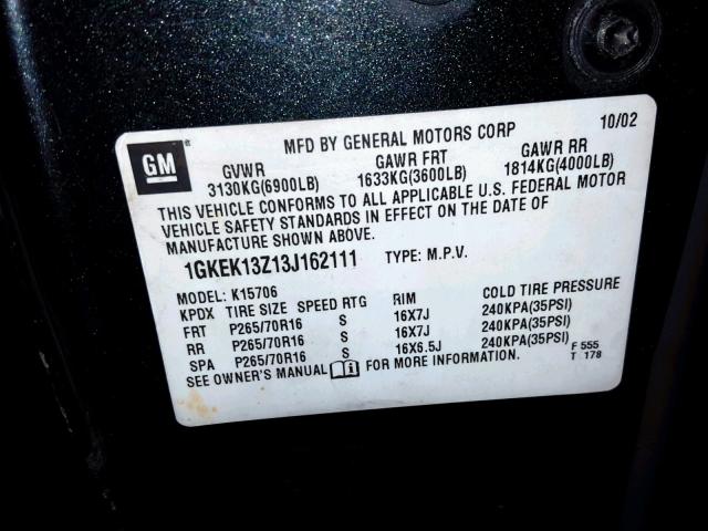 1GKEK13Z13J162111 - 2003 GMC YUKON BLACK photo 10