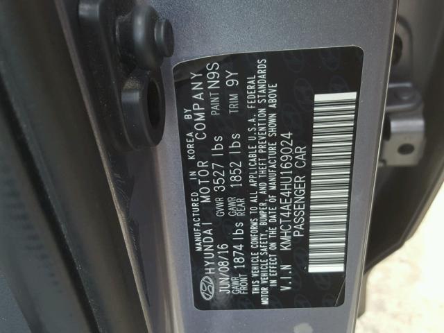 KMHCT4AE4HU169024 - 2017 HYUNDAI ACCENT SE GRAY photo 10