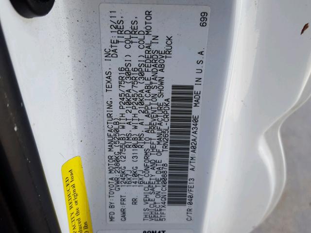 5TFTX4GN1CX008878 - 2012 TOYOTA TACOMA PRE WHITE photo 10