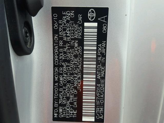 JTKDE3B75A0321265 - 2010 TOYOTA SCION TC 银色 照片 10