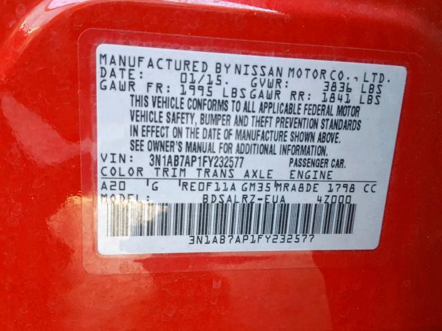 3N1AB7AP1FY232577 - 2015 NISSAN SENTRA S RED photo 10