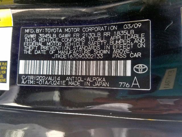 JTKDE167090302133 - 2009 TOYOTA SCION TC შავი ფოტო 10