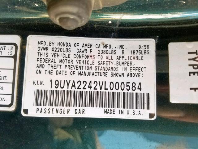 19UYA2242VL000584 - 1997 ACURA 3.0CL Зеленый фото 10