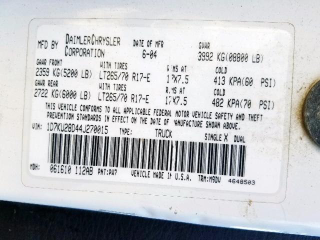 1D7KU28D44J270015 - 2004 DODGE RAM 2500 S თეთრი ფოტო 10