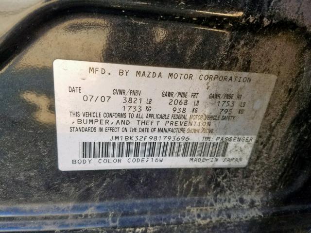 JM1BK32F981793696 - 2008 MAZDA 3 I BLACK photo 10