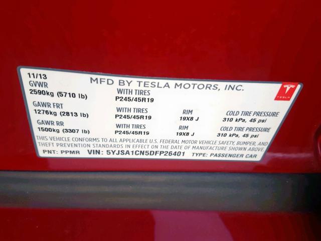 5YJSA1CN5DFP26401 - 2013 TESLA MODEL S RED photo 10