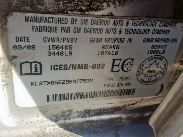 KL2TX65E29B377532 - 2009 PONTIAC G3 WAVE SE SILVER photo 10