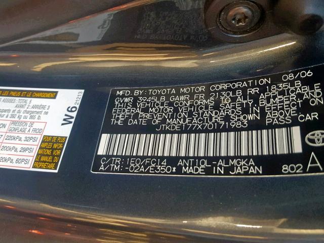 JTKDE177X70171983 - 2007 TOYOTA SCION TC GRAY photo 10