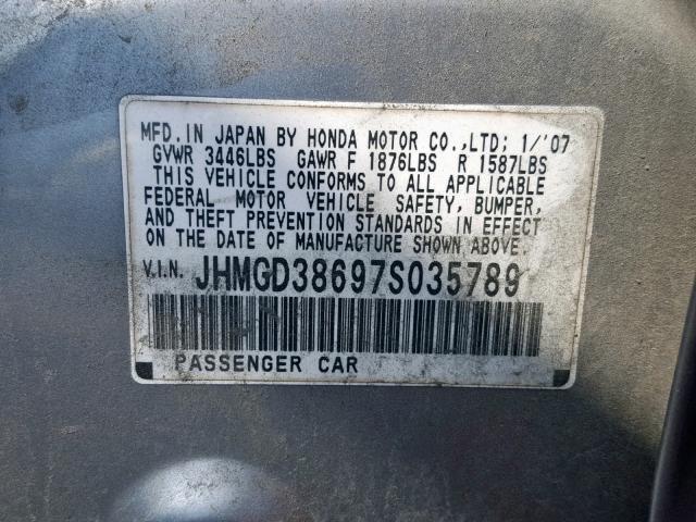 JHMGD38697S035789 - 2007 HONDA FIT S SILVER photo 10