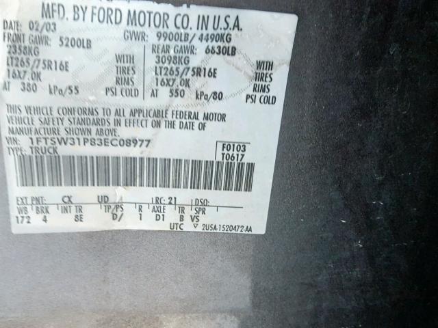 1FTSW31P83EC08977 - 2003 FORD F350 SRW S CHARCOAL photo 10