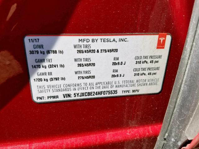 5YJXCBE24HF075535 - 2017 TESLA MODEL X RED photo 10