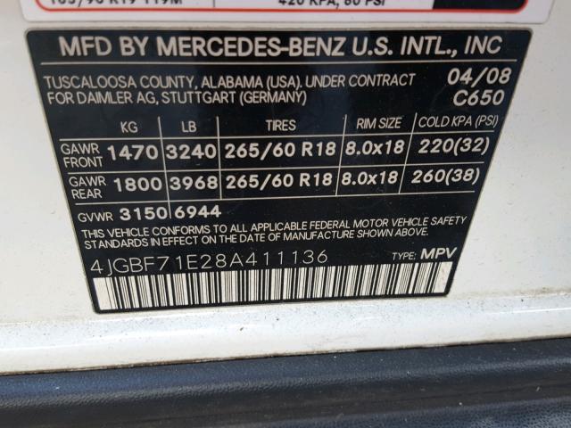 4JGBF71E28A411136 - 2008 MERCEDES-BENZ GL 450 4MA WHITE photo 10