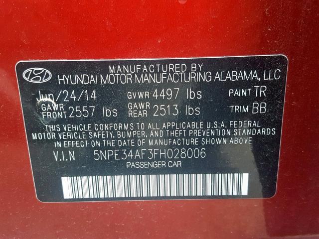 5NPE34AF3FH028006 - 2015 HYUNDAI SONATA SPO RED photo 10