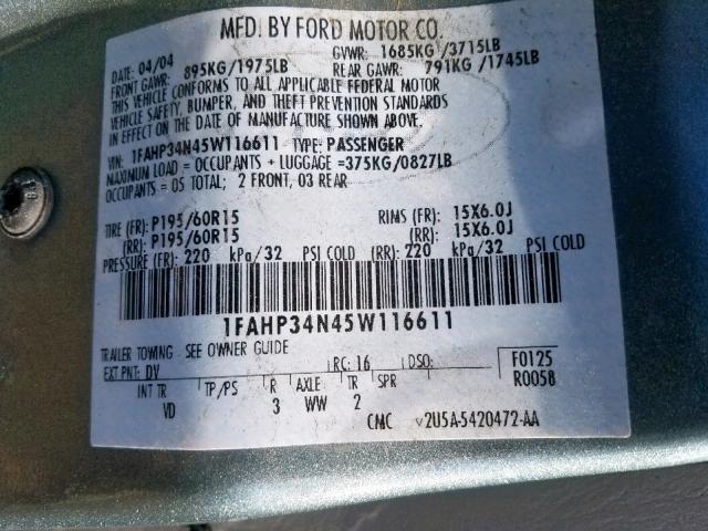 1FAHP34N45W116611 - 2005 FORD FOCUS ZX4 GREEN photo 10