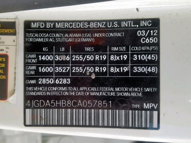 4JGDA5HB8CA057851 - 2012 MERCEDES-BENZ ML 350 4MA WHITE photo 10