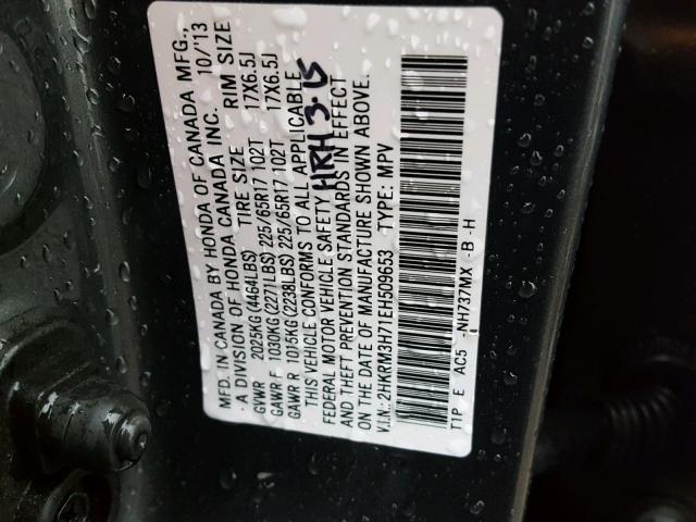 2HKRM3H71EH509653 - 2014 HONDA CR-V EXL GRAY photo 10