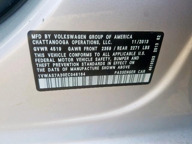 1VWAS7A30EC048164 - 2014 VOLKSWAGEN PASSAT S SILVER photo 10