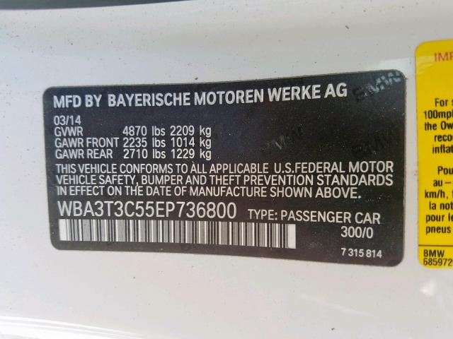 WBA3T3C55EP736800 - 2014 BMW 435 I WHITE photo 10