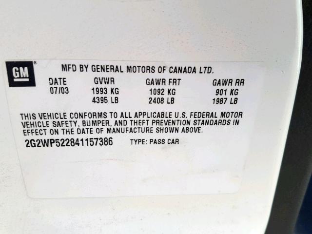 2G2WP522841157386 - 2004 PONTIAC GRAND PRIX WHITE photo 10