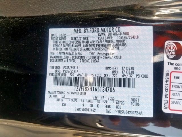 1ZVFT82H165134706 - 2006 FORD MUSTANG GT BLACK photo 10