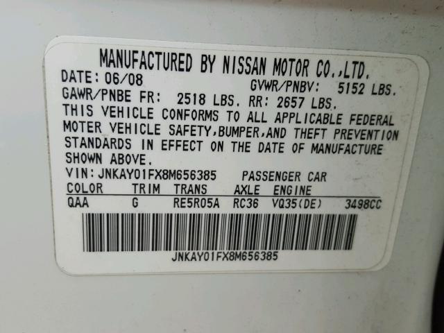 JNKAY01FX8M656385 - 2008 INFINITI M35 BASE WHITE photo 10