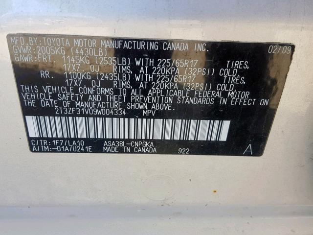 2T3ZF31V09W004334 - 2009 TOYOTA RAV4 LIMIT SILVER photo 10