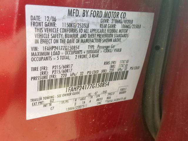 1FAHP24177G150854 - 2007 FORD FIVE HUNDR RED photo 10