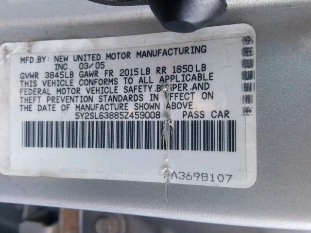 5Y2SL63885Z459008 - 2005 PONTIAC VIBE SILVER photo 10