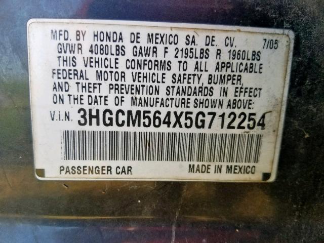 3HGCM564X5G712254 - 2005 HONDA ACCORD LX GRAY photo 10