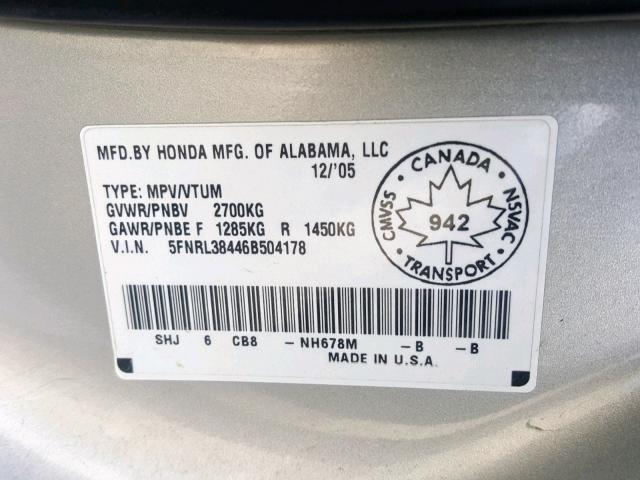 5FNRL38446B504178 - 2006 HONDA ODYSSEY EX SILVER photo 10