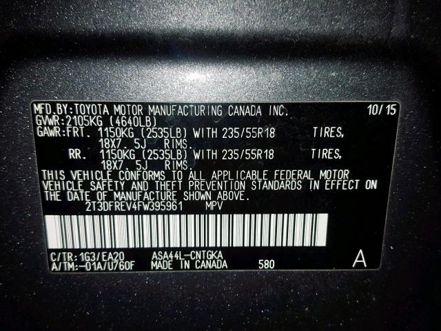 2T3DFREV4FW395961 - 2015 TOYOTA RAV4 LIMIT GRAY photo 10