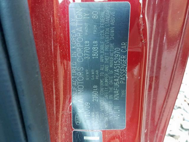 KNAFU6A2XA5152970 - 2010 KIA FORTE EX RED photo 10