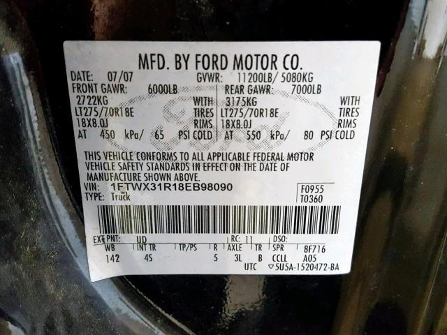 1FTWX31R18EB98090 - 2008 FORD F350 SRW S BLACK photo 10