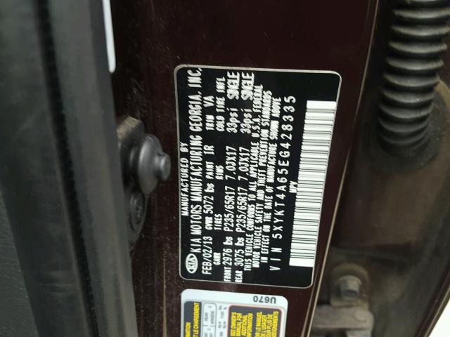 5XYKT4A65EG428335 - 2014 KIA SORENTO LX MAROON photo 10