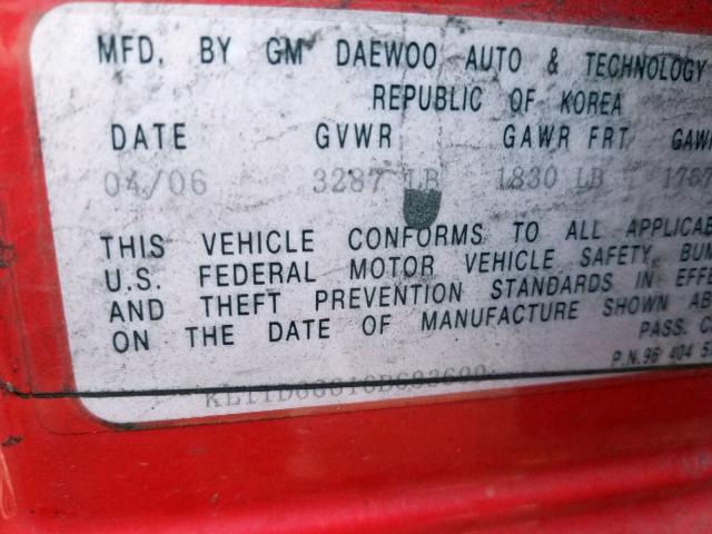 KL1TD66616B683699 - 2006 CHEVROLET AVEO BASE Қызыл фото 10