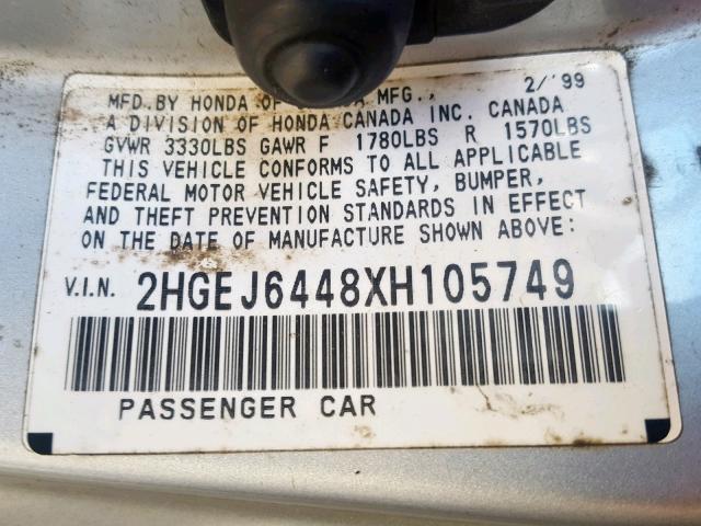 2HGEJ6448XH105749 - 1999 HONDA CIVIC DX SILVER photo 10