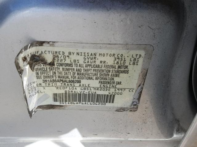 3N1AB6AP6AL606200 - 2010 NISSAN SENTRA 2.0 SILVER photo 10