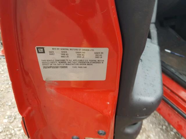 2G2WP552081158890 - 2008 PONTIAC GRAND PRIX Կարմիր լուսանկար 10