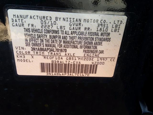 3N1AB6AP3AL701670 - 2010 NISSAN SENTRA 2.0 BLACK photo 10