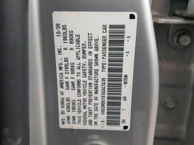 1HGCM56197A047435 - 2007 HONDA ACCORD VAL GRAY photo 10